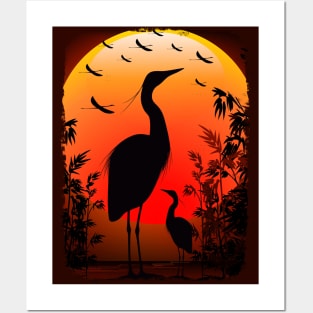 Heron Shape on Peaceful Tropical Sunset Posters and Art